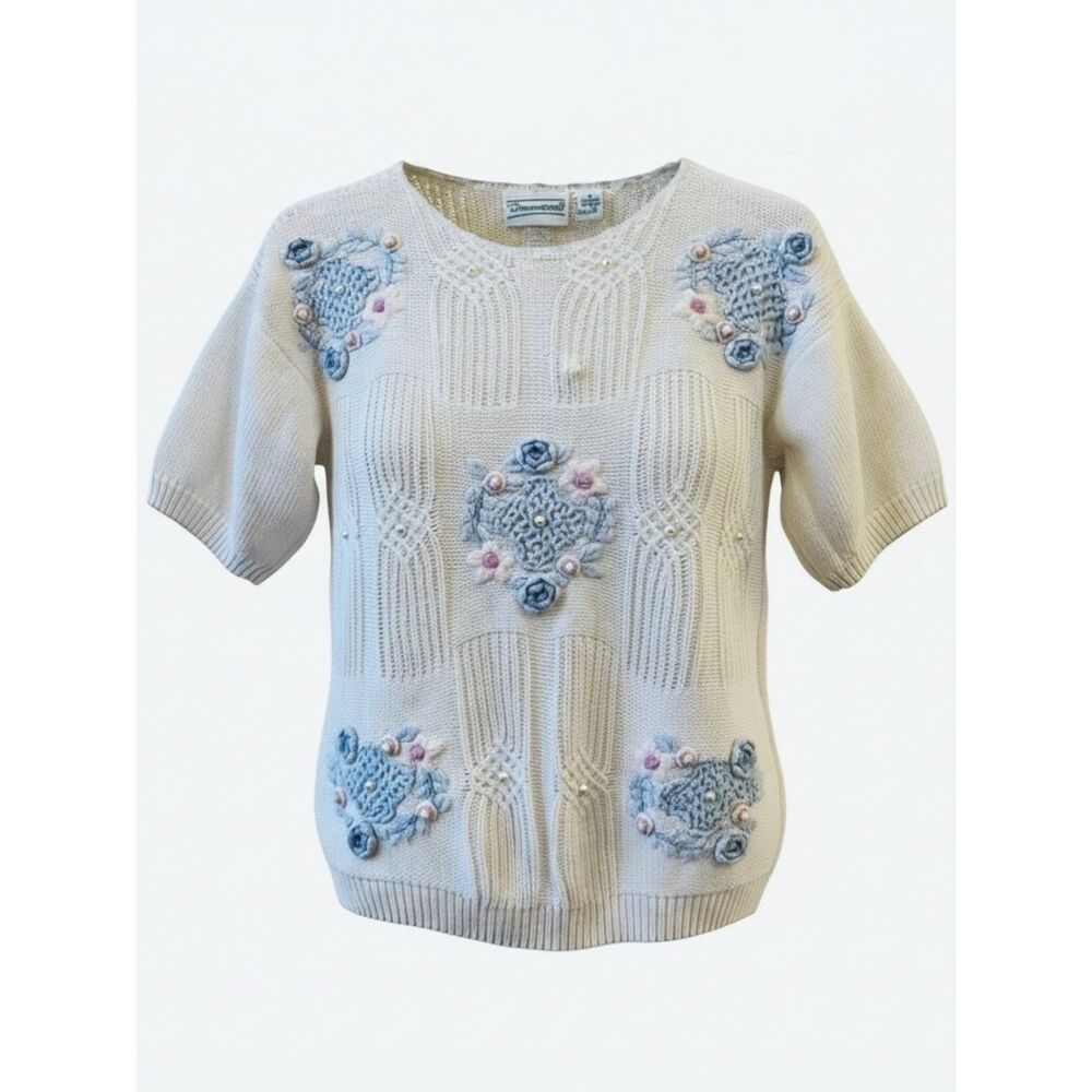 Vtg Shenanigans Floral Crochet Pearl Short SI Sweater Sz M Crochet Trim Cottage‎